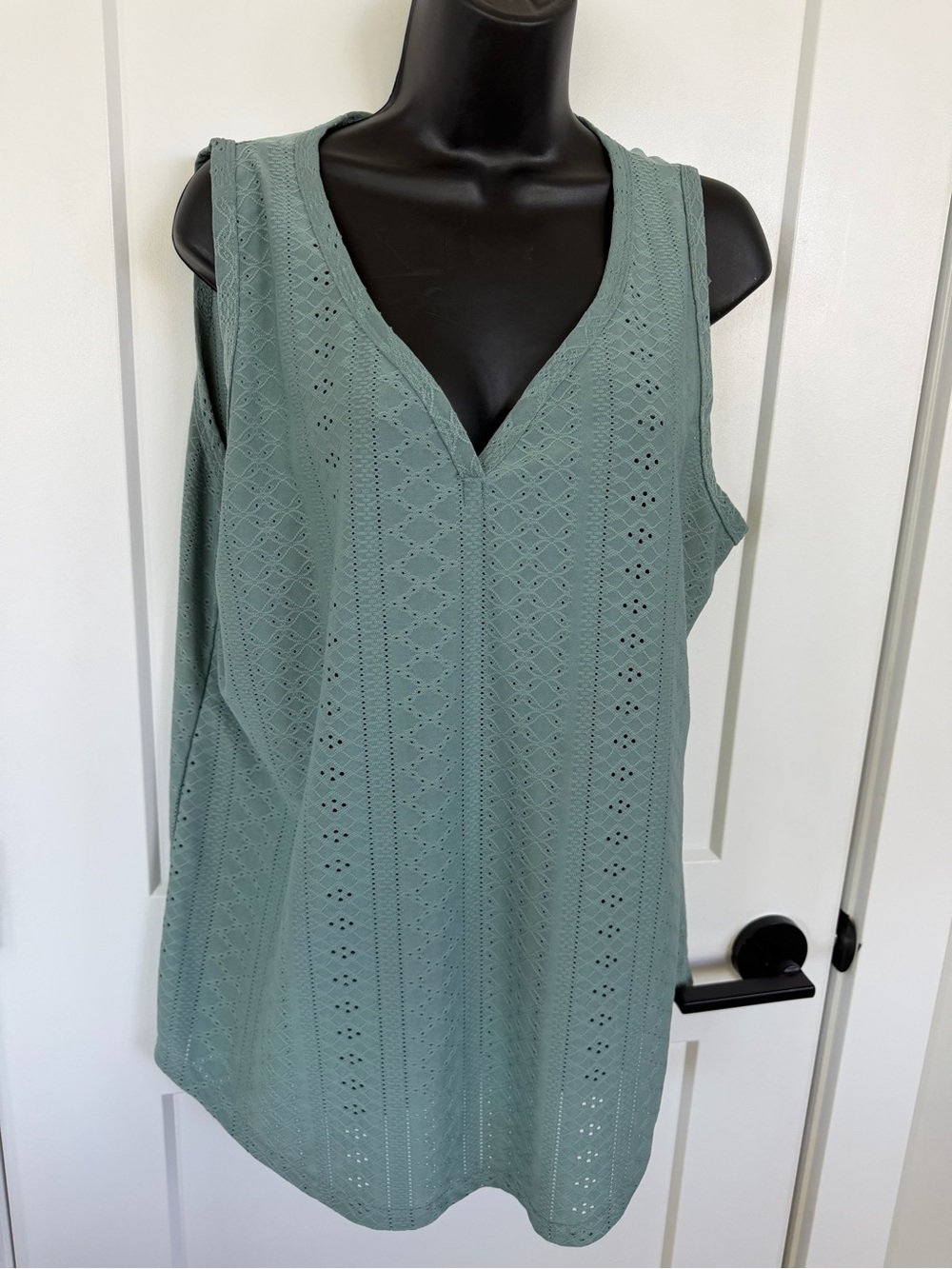 ladies plus size Sleeveless V-Neck Eyelet Tunic Top - Sage Green